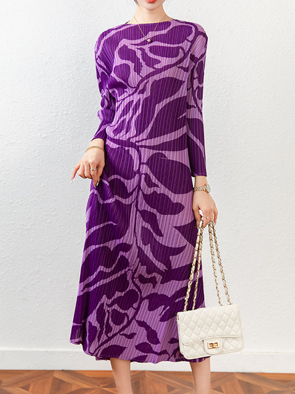 Floral Printed Pleated Long Sleeves Midi Dress