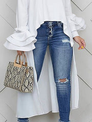 Solid Color Split-Joint Tiered Flared Sleeves High-low Round-neck T-Shirts Tops