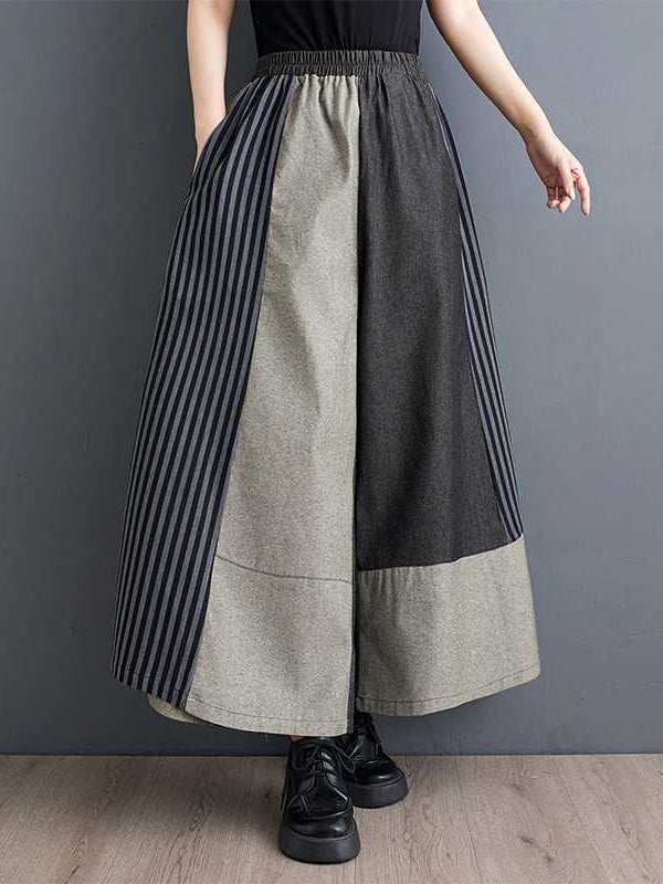 Elasticity Pockets Split-Joint Striped High Waisted Loose Trousers Pants