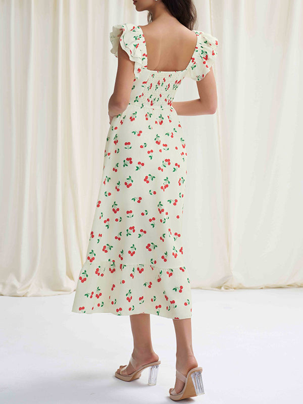 Buttoned Elasticity Flower Print Pleated High Waisted Loose Square-neck Midi Dresses