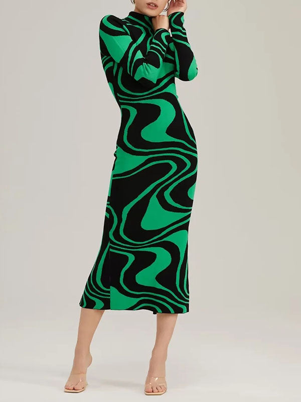 Contrast Color Printed Split-Back Split-Joint Zipper Long Sleeves Skinny High Neck Midi Dresses