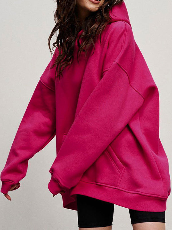 Pockets Solid Color Velvet Long Sleeves Loose Hooded Hoodies Tops