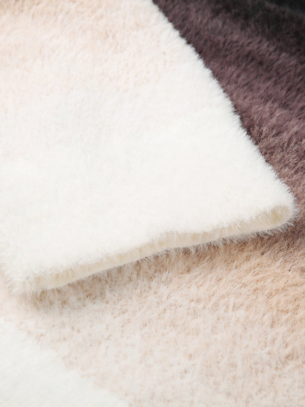 Gradient Split-Joint Velvet Long Sleeves Loose Off-The-Shoulder Sweater Tops