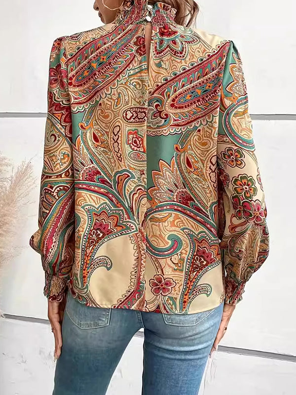 Buttoned Elasticity Flower Print Hollow Split-Joint Long Sleeves Loose Mock Neck Blouses&shirts Tops