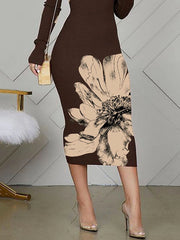 Flower Print Bodycon Long Sleeves High Neck Midi Dresses