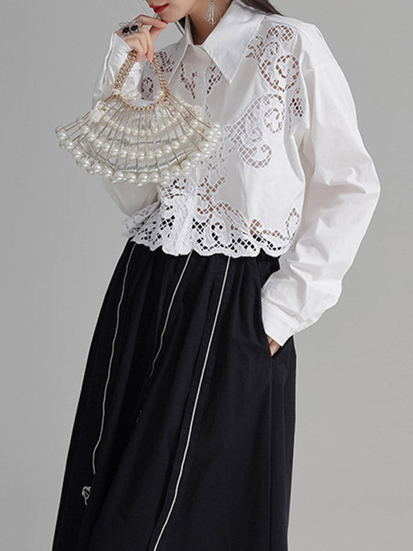 Buttoned Hollow Solid Color Long Sleeves Loose Lapel Blouses&Shirts Tops