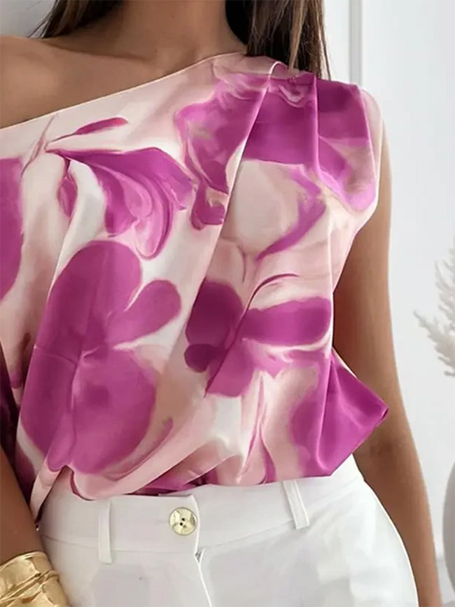 Flower Print Loose Short Sleeves One-shoulder Blouses&shirts Tops