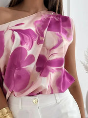 Flower Print Loose Short Sleeves One-shoulder Blouses&shirts Tops