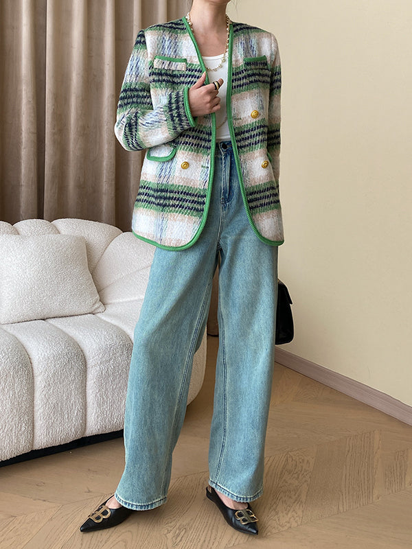 Buttoned Contrast Color Plaid Long Sleeves V-Neck Outerwear Jackets