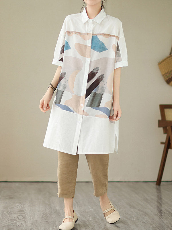 Buttoned Printed Split-side A-line Loose Lapel Shirt Dress Midi Dresses