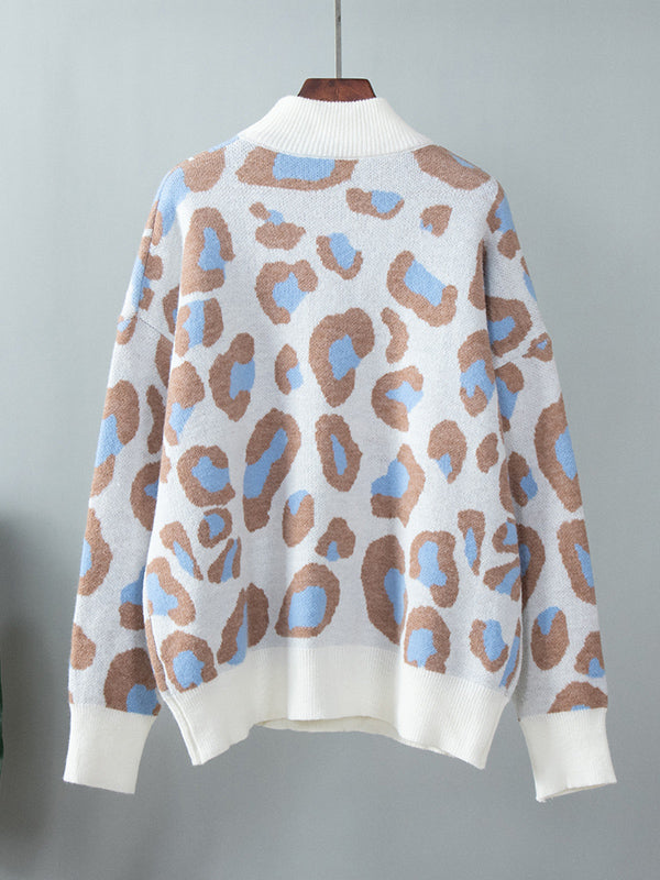 Leopard Long Sleeves Loose Mock Neck Sweater Tops Pullovers
