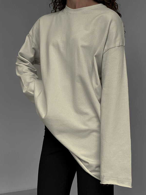 Solid Color Long Sleeves Loose Round-Neck T-Shirts Tops