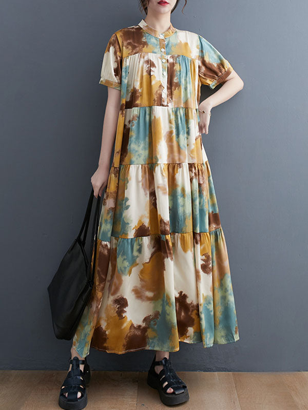 Printed Split-Joint Loose Short Sleeves Stand Collar Midi Dresses