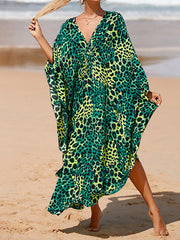 Leopard Split-Joint Split-Side Sun Protection Batwing Sleeves Loose V-Neck Maxi Dresses Beach Cover-Up