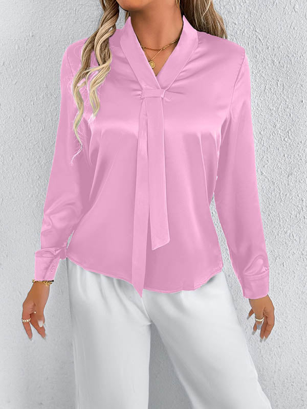 Solid Color Split-Joint Streamer Long Sleeves Loose Scarf Collar Blouses&Shirts Tops