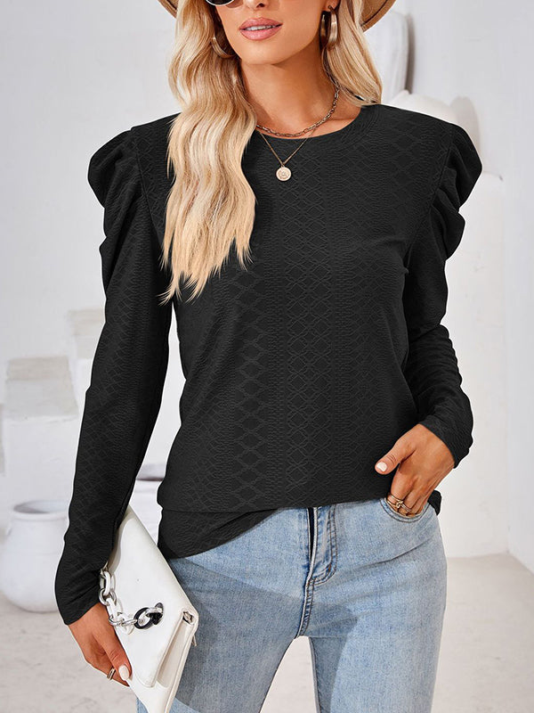 Pleated Solid Color Long Sleeves Loose Round-Neck T-Shirts Tops