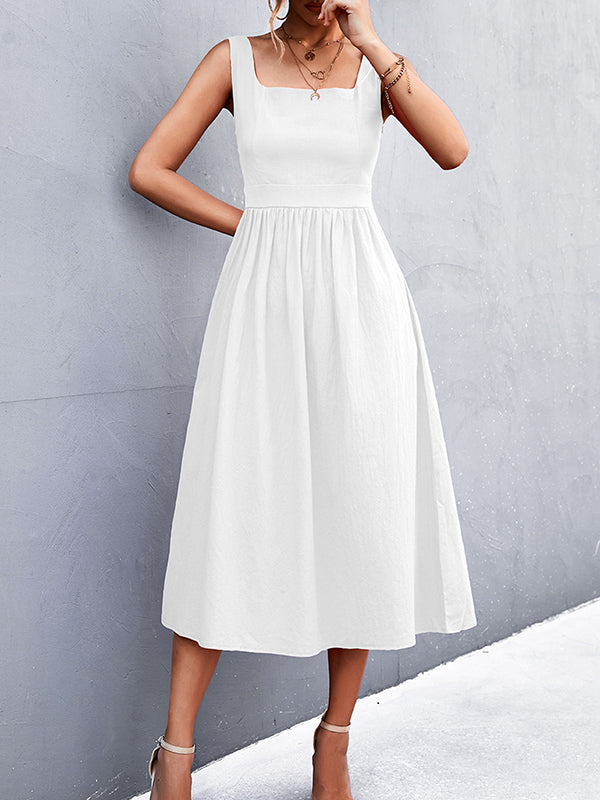 Pleated Solid Color Split-Joint High Waisted Sleeveless U-Neck Midi Dresses