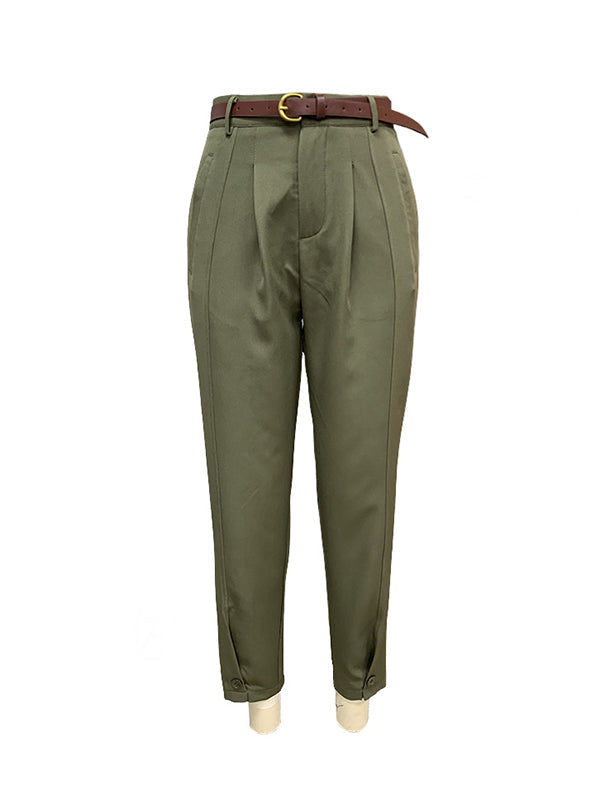 Belted Buttoned Pleated Pockets High Waisted Loose Suit Pants