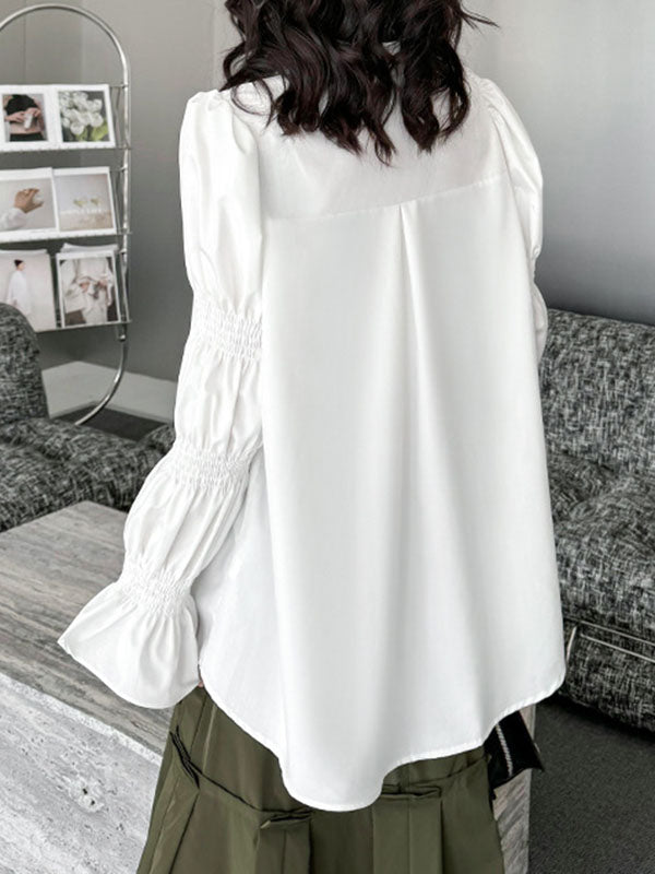 Pleated Solid Color Split-Joint Puff Sleeves Lapel Blouses