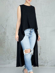 Solid Color High-Low Sleeveless Round-Neck Vest Top