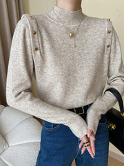 Buttoned Split-Joint Long Sleeves High-Neck Sweater Tops