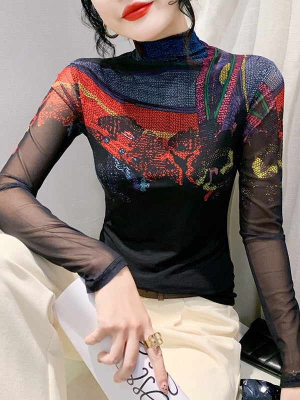Printed See-Through Split-Joint Long Sleeves Plus Size High Neck T-Shirts