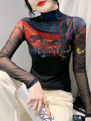 Printed See-Through Split-Joint Long Sleeves Plus Size High Neck T-Shirts