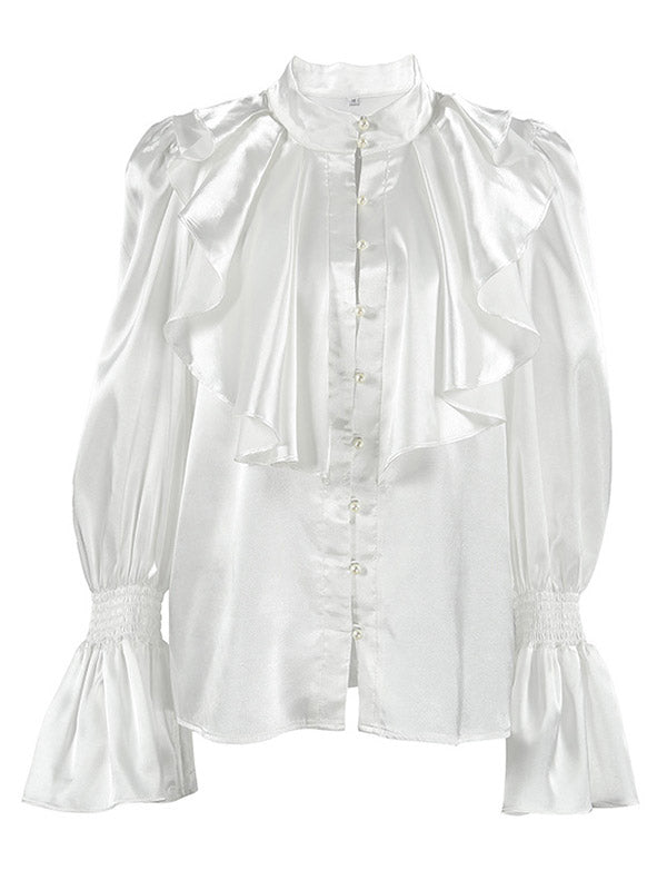 Falbala Solid Color Split-Joint Flared Sleeves Loose Stand Collar Blouses&Shirts Tops