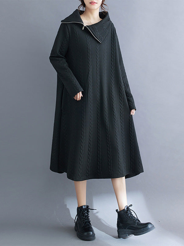 Asymmetric Solid Color Zipper A-Line Long Sleeves Asymmetric Collar Midi Dresses