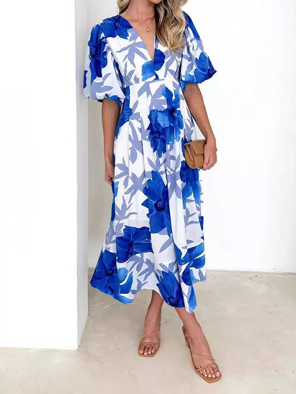 Flower Print Pleated Split-Joint Zipper A-line High Waisted V-neck Midi Dresses