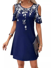Flower Print Hollow A-Line Loose Cold Shoulder Mini Dresses