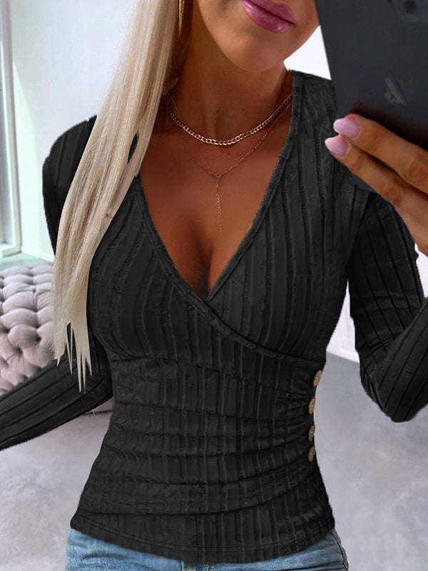 Buttoned Long Sleeves Skinny Deep V-Neck T-Shirts Tops