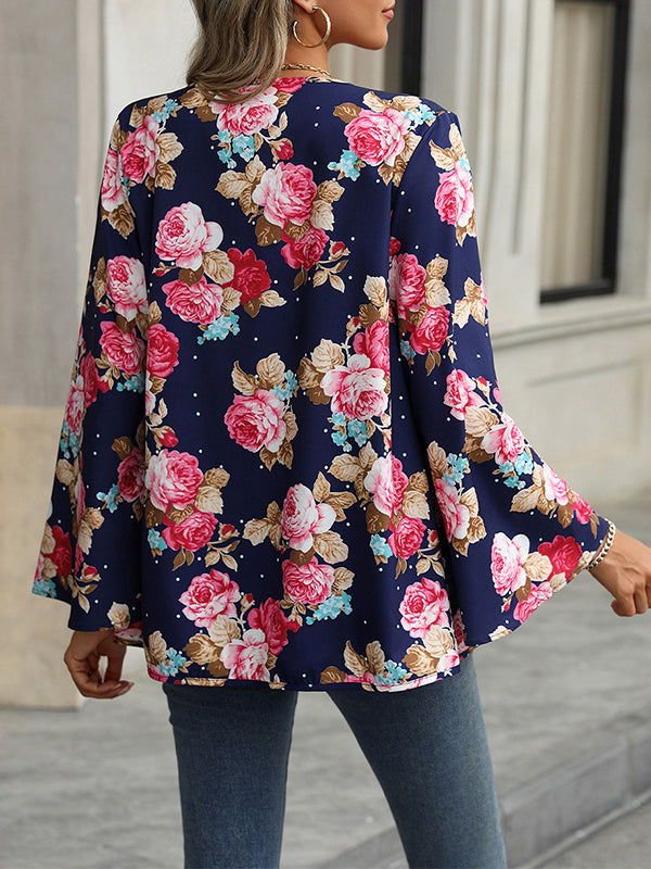 Flower Print Flared Sleeves Long Sleeves Collarless Outerwear