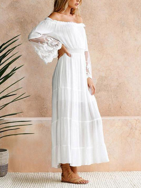 Pleated Solid Color Split-Joint High Waisted Loose Off-the-shoulder Maxi Dresses