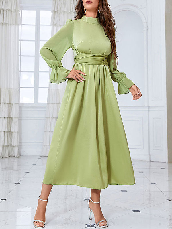 Flared Sleeves Wrap Belted Pleated Solid Color Stand Collar Midi Dresses
