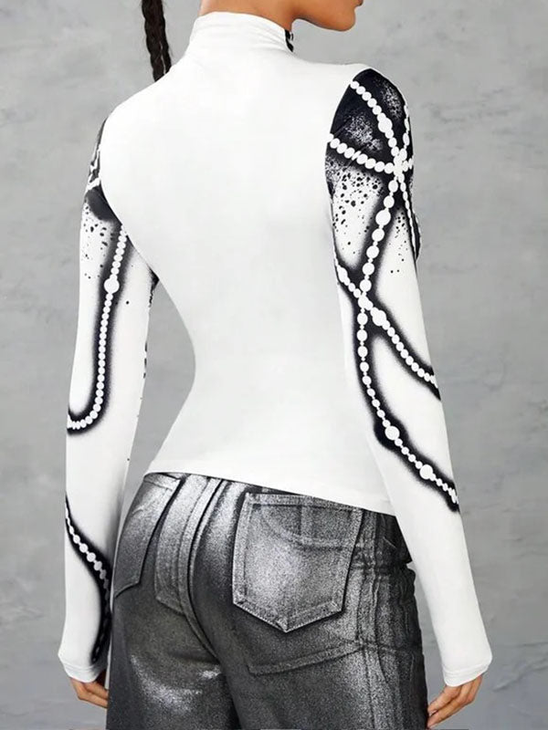 Printed Striped Long Sleeves Skinny High Neck T-Shirts Tops
