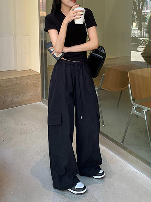 Drawstring Elasticity Pockets Solid Color Split-Joint High Waisted Loose Trousers Pants