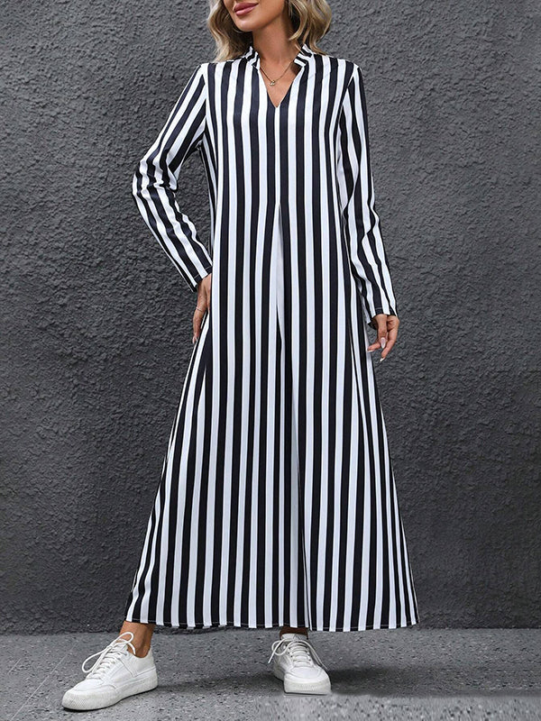 Contrast Color Pleated Striped A-Line Long Sleeves V-Neck Maxi Dresses