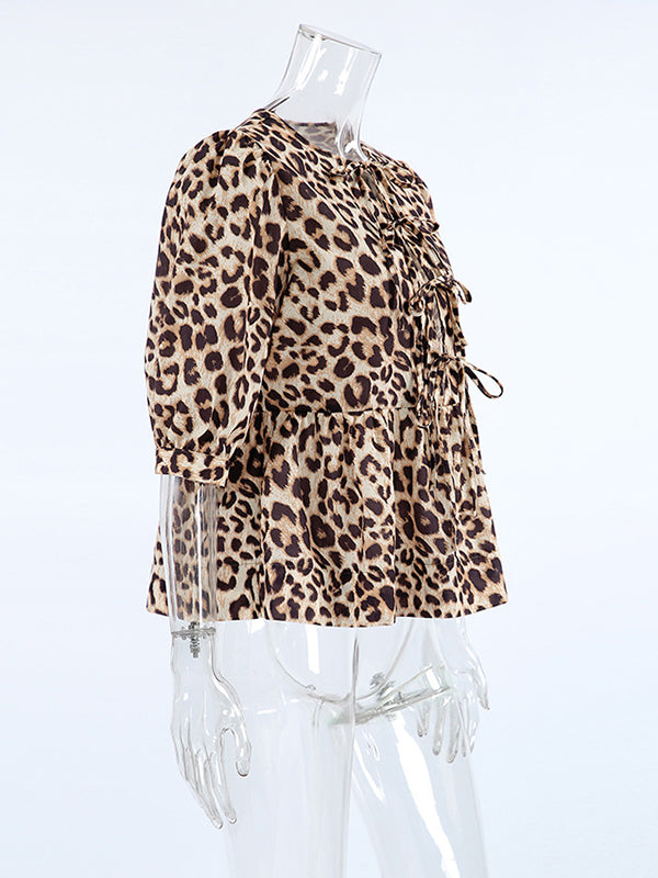 Elasticity Leopard Pleated Split-Joint Tied Half Sleeves Loose Round-Neck Blouses&Shirts Tops