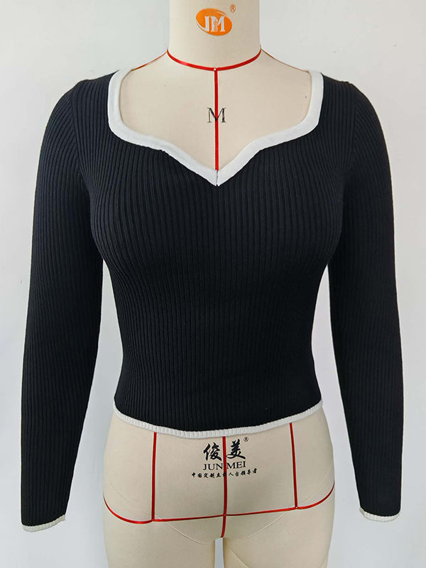 Pleated Split-Joint Long Sleeves Skinny V-Neck Sweater Tops