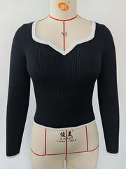 Pleated Split-Joint Long Sleeves Skinny V-Neck Sweater Tops