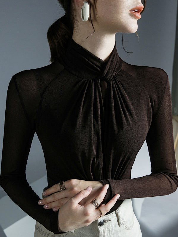 Hollow Pleated Solid Color Long Sleeves Plus Size Mock Neck T-Shirts Tops