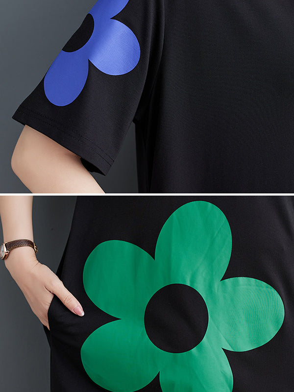 Floral Printed Split-Joint Loose Short Sleeves Round-neck Midi Dresses