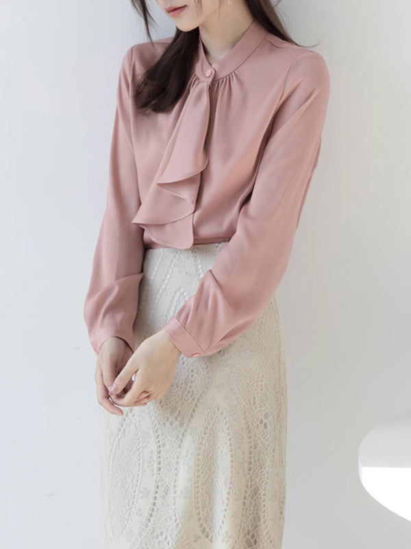 Buttoned Pleated Ribbon Solid Color Long Sleeves Loose Mock Neck Blouses&Shirts Tops