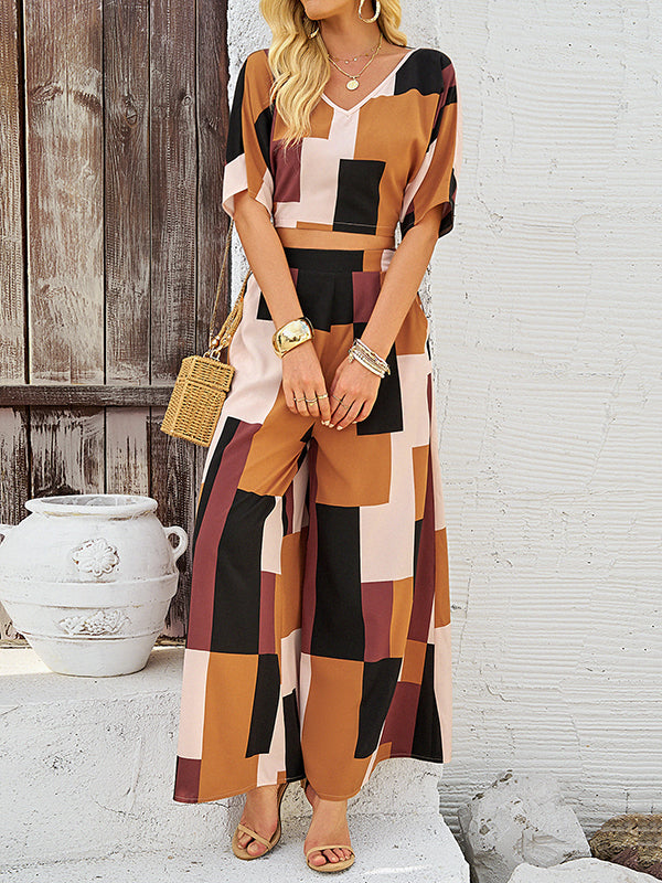 V-Neck Half Sleeves Backless Contrast Color Tied  T-shirt Top + Pockets High Waisted Pants Bottom Two Pieces Set