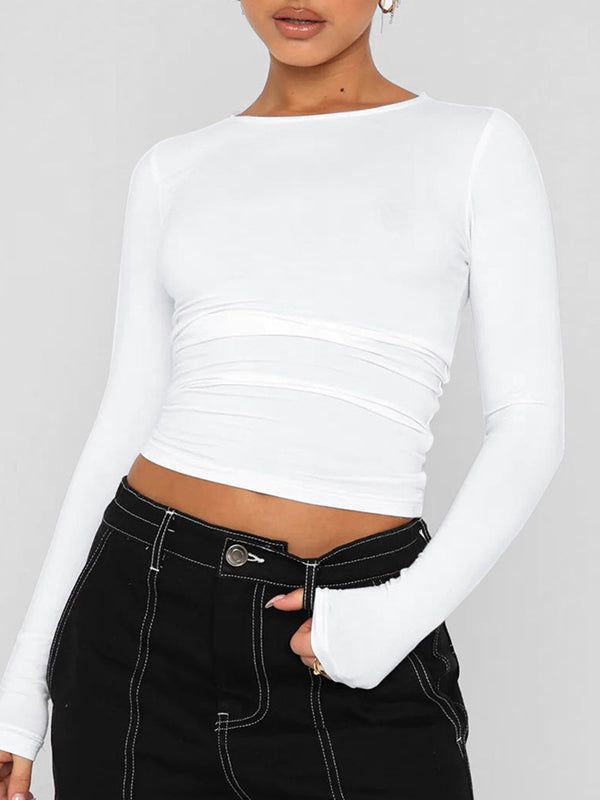 Solid Color Long Sleeves Skinny Round-Neck T-Shirts