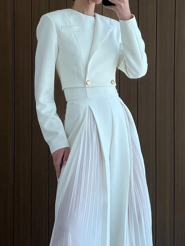 Round-Neck Long Sleeves Buttoned Solid Color Split-Joint Blazers Top +Zipper  Wide Leg Mesh Pleated Pants bottom Two Pieces Set
