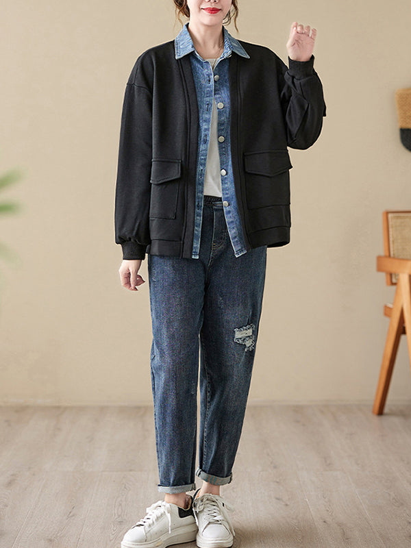 Casual False Two Loose Buttoned Contrast Color Split-Joint Lapel Collar Outerwear