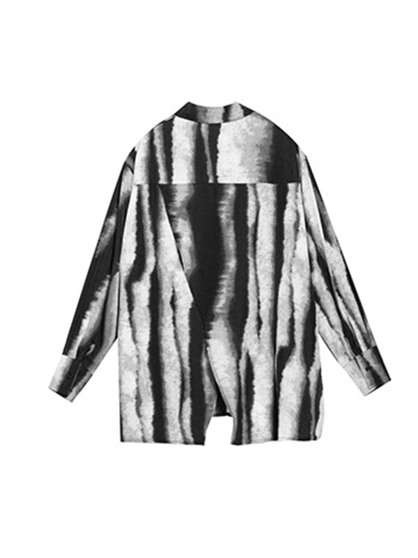 Split-back Tie-dyed Irregular clipping Long Sleeves Lapel Shirts Tops