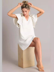 Comfort Solid Color Flared Sleeves Loose V-neck Mini Dresses